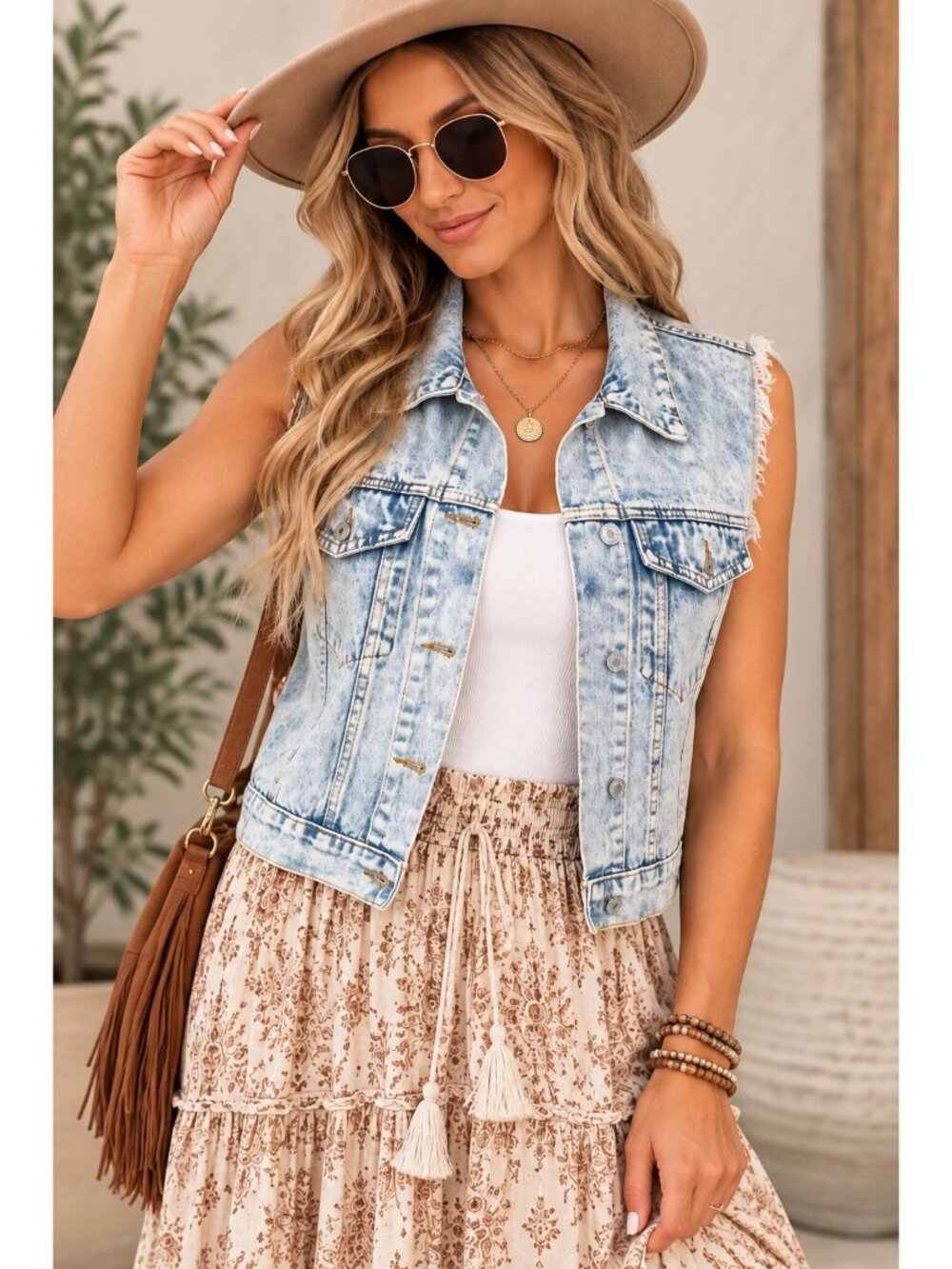 NWOT Unbranded Acid Wash Denim Vest Frayed Raw Edge Blue M
